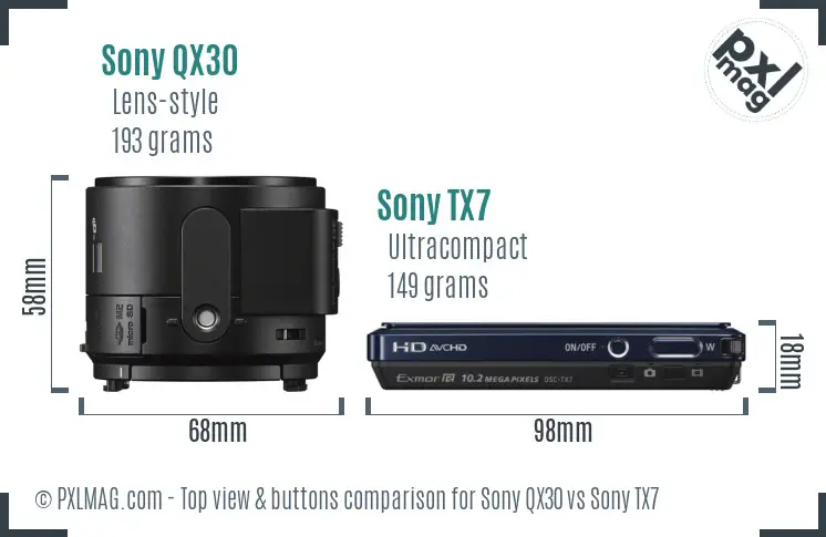 Sony QX30 vs Sony TX7 top view buttons comparison