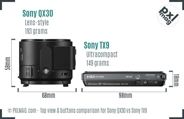 Sony QX30 vs Sony TX9 top view buttons comparison