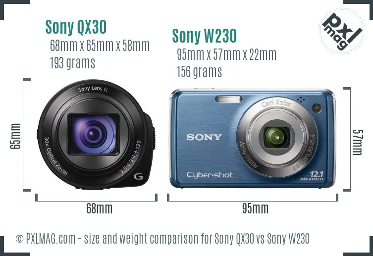 Sony QX30 vs Sony W230 size comparison