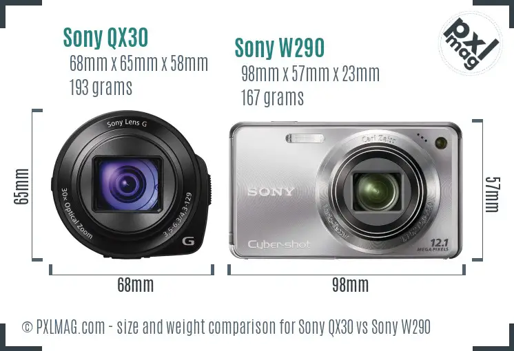 Sony QX30 vs Sony W290 size comparison