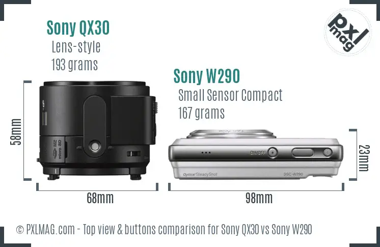 Sony QX30 vs Sony W290 top view buttons comparison