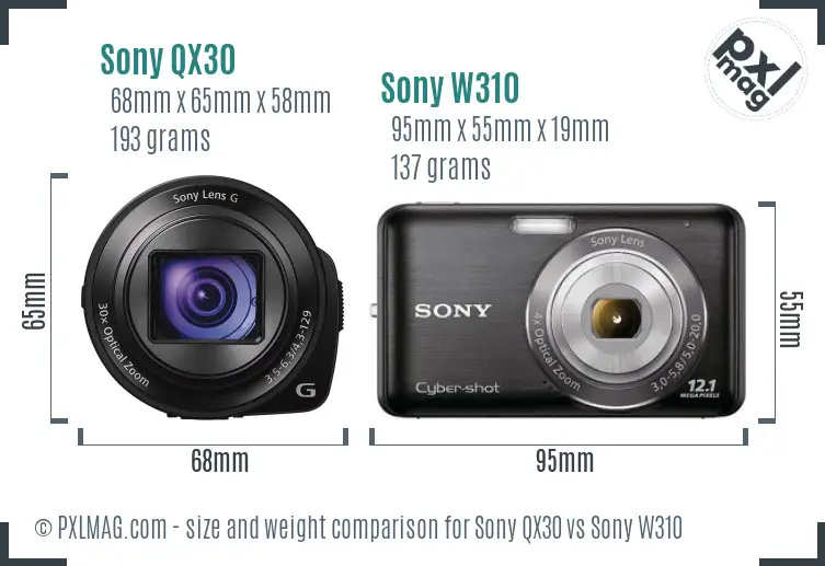 Sony QX30 vs Sony W310 size comparison