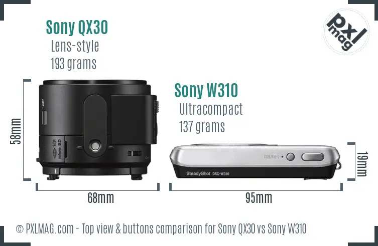 Sony QX30 vs Sony W310 top view buttons comparison