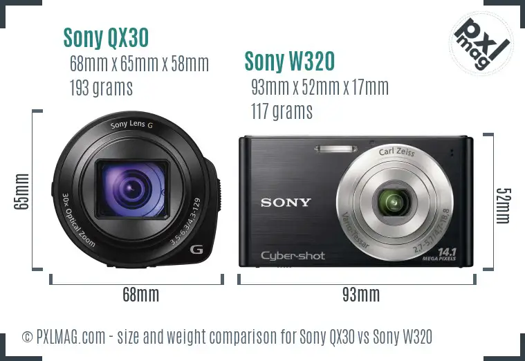 Sony QX30 vs Sony W320 size comparison