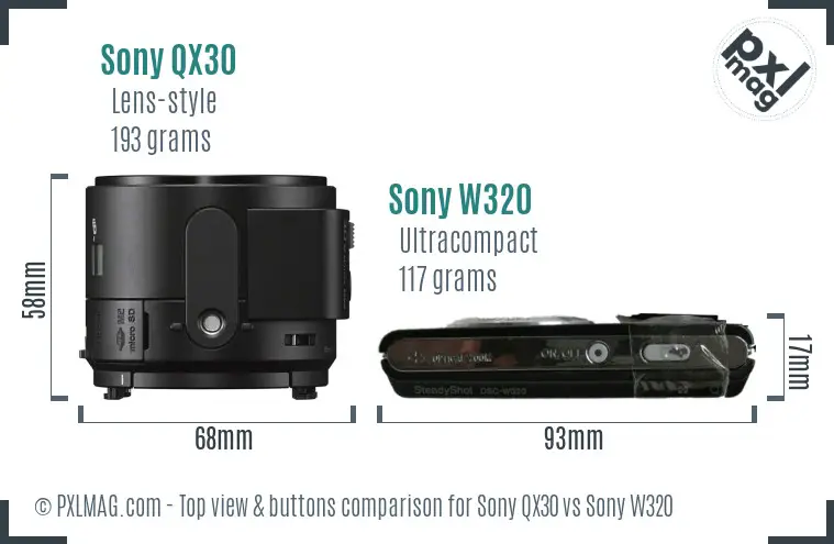 Sony QX30 vs Sony W320 top view buttons comparison