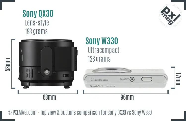 Sony QX30 vs Sony W330 top view buttons comparison