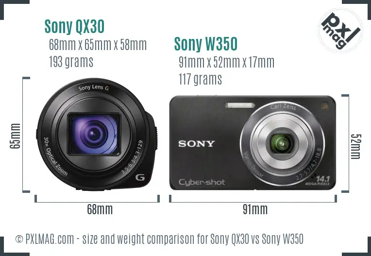 Sony QX30 vs Sony W350 size comparison
