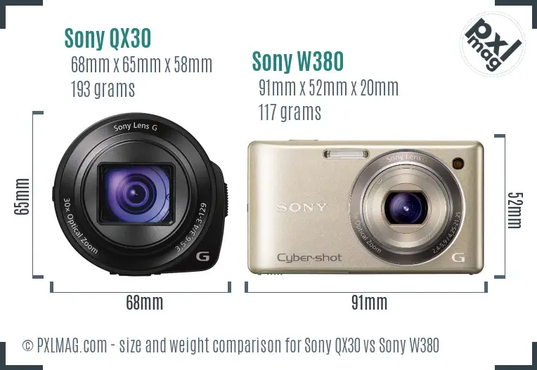 Sony QX30 vs Sony W380 size comparison