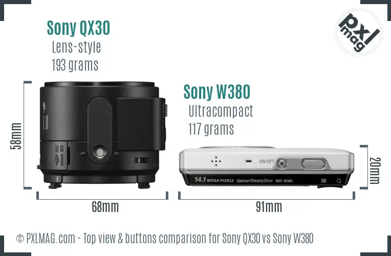 Sony QX30 vs Sony W380 top view buttons comparison