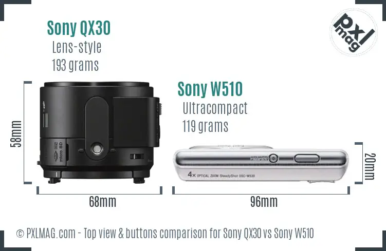 Sony QX30 vs Sony W510 top view buttons comparison