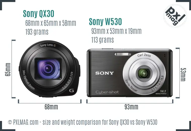 Sony QX30 vs Sony W530 size comparison