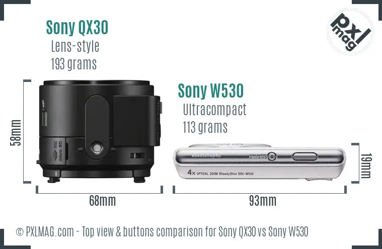 Sony QX30 vs Sony W530 top view buttons comparison