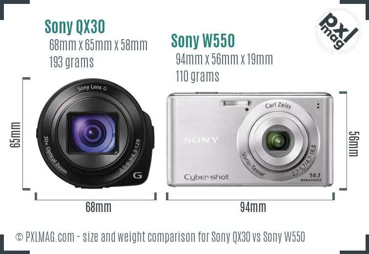 Sony QX30 vs Sony W550 size comparison