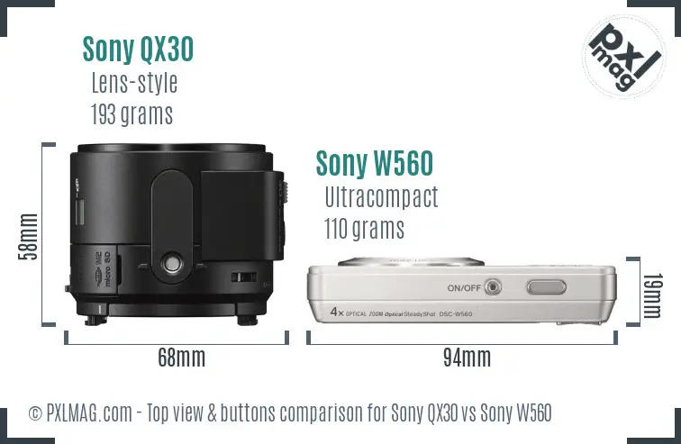 Sony QX30 vs Sony W560 top view buttons comparison