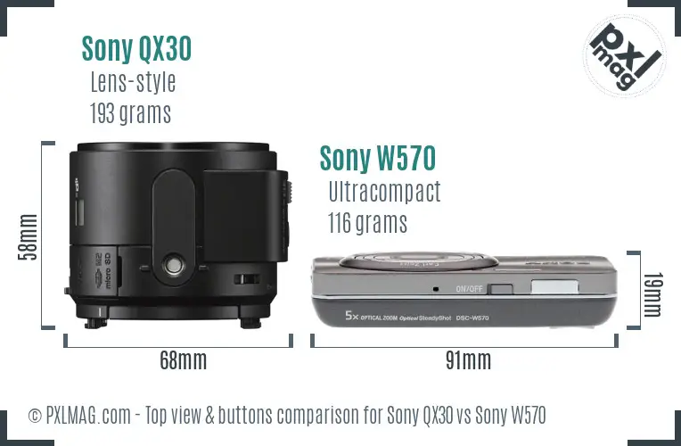 Sony QX30 vs Sony W570 top view buttons comparison