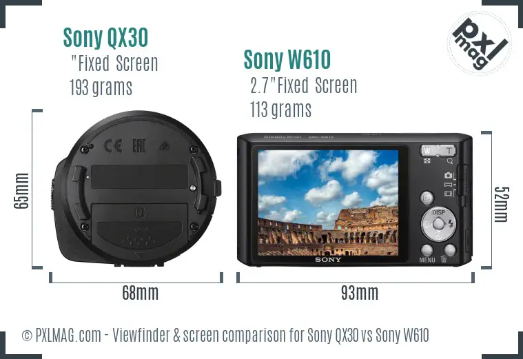 Sony QX30 vs Sony W610 Screen and Viewfinder comparison