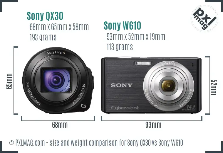 Sony QX30 vs Sony W610 size comparison
