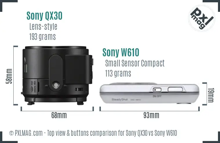 Sony QX30 vs Sony W610 top view buttons comparison