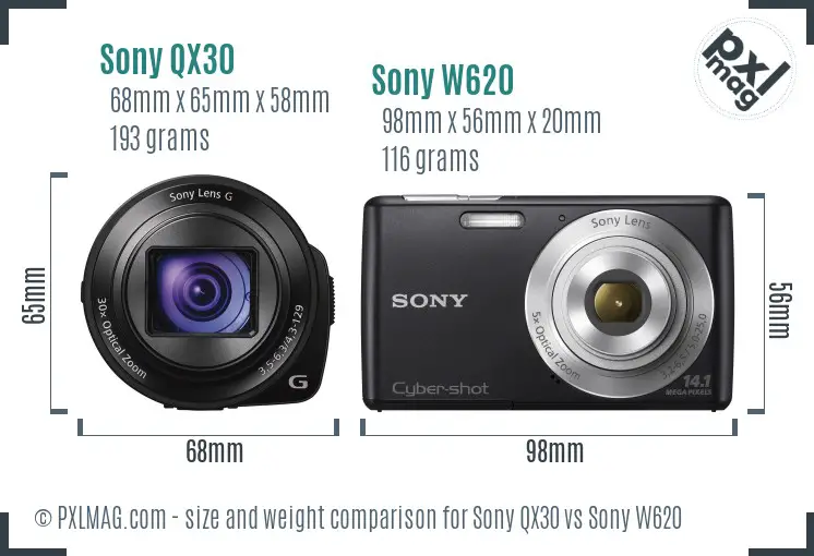 Sony QX30 vs Sony W620 size comparison