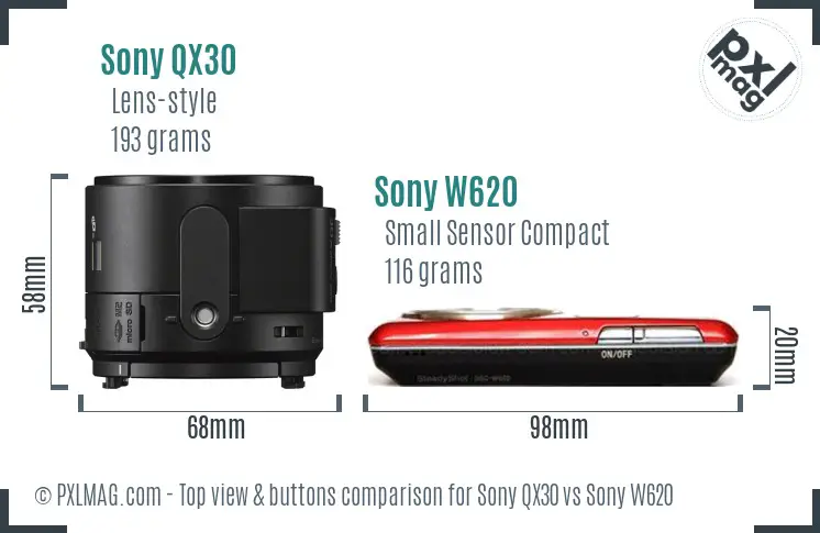 Sony QX30 vs Sony W620 top view buttons comparison