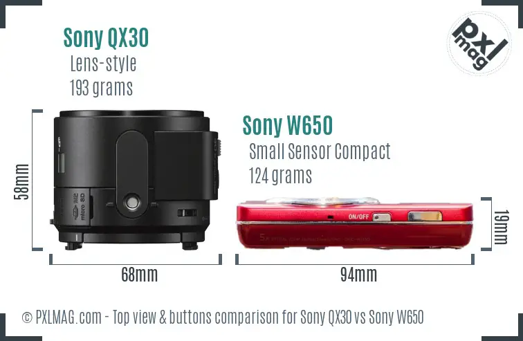 Sony QX30 vs Sony W650 top view buttons comparison