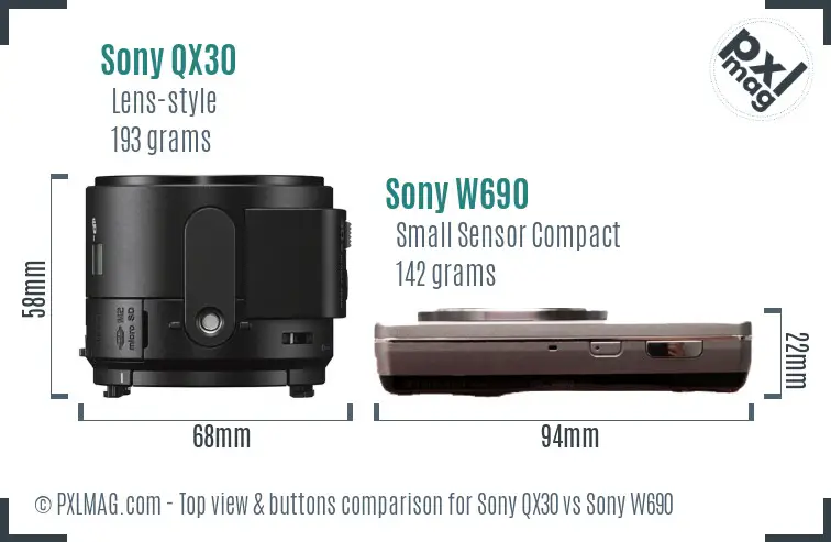 Sony QX30 vs Sony W690 top view buttons comparison