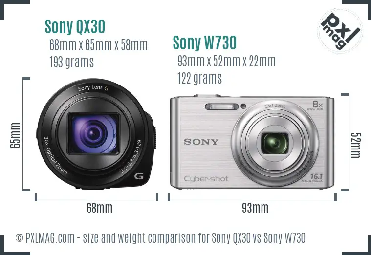 Sony QX30 vs Sony W730 size comparison