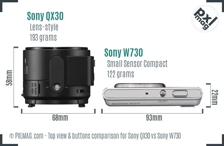 Sony QX30 vs Sony W730 top view buttons comparison