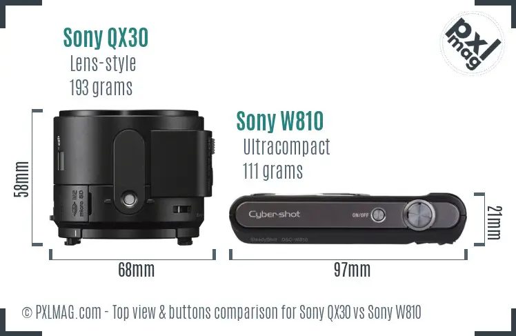 Sony QX30 vs Sony W810 top view buttons comparison