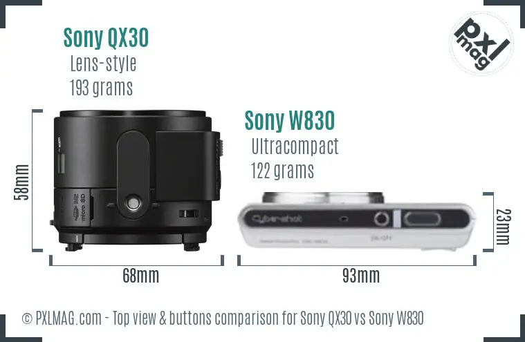 Sony QX30 vs Sony W830 top view buttons comparison