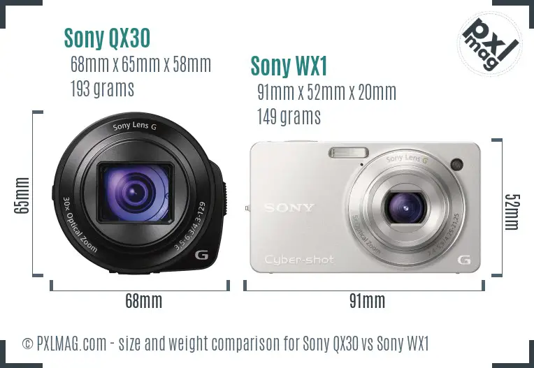 Sony QX30 vs Sony WX1 size comparison