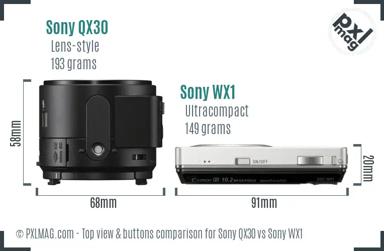 Sony QX30 vs Sony WX1 top view buttons comparison
