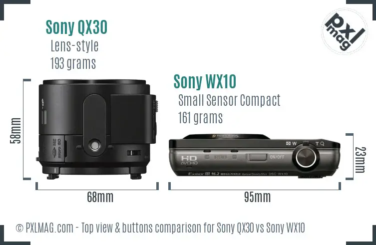 Sony QX30 vs Sony WX10 top view buttons comparison