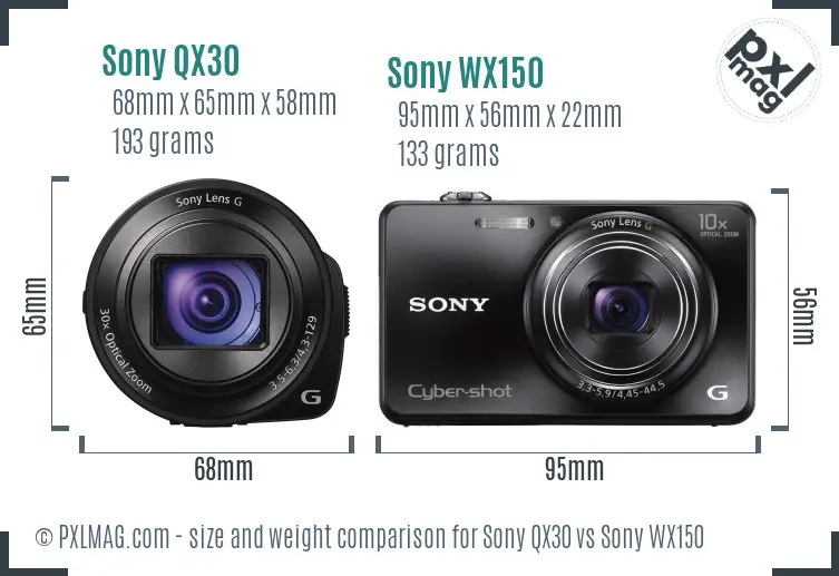 Sony QX30 vs Sony WX150 size comparison