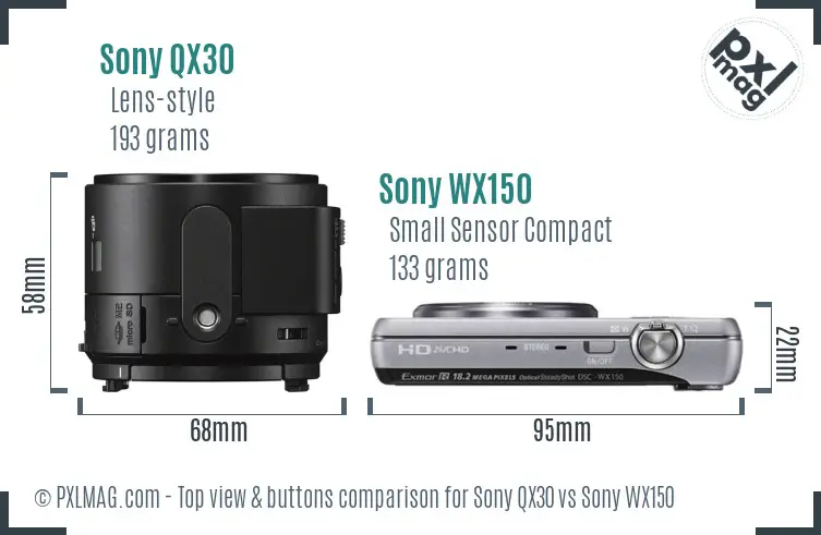 Sony QX30 vs Sony WX150 top view buttons comparison