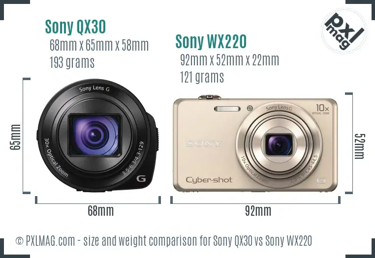 Sony QX30 vs Sony WX220 size comparison