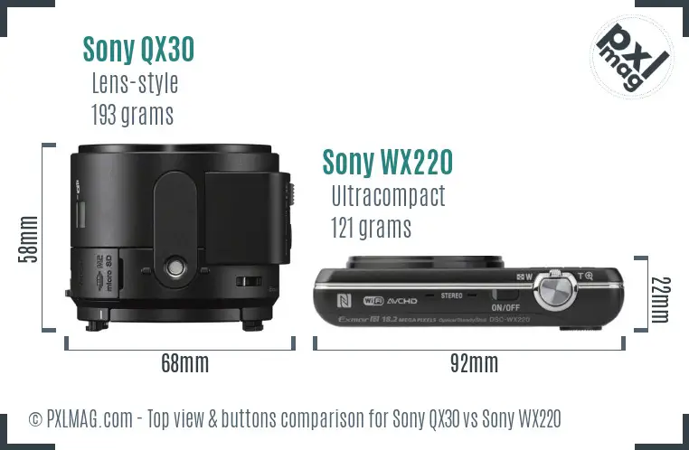 Sony QX30 vs Sony WX220 top view buttons comparison