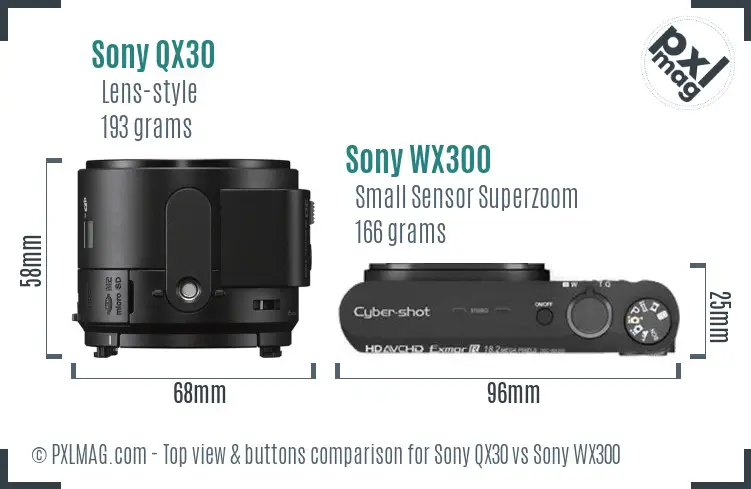 Sony QX30 vs Sony WX300 top view buttons comparison
