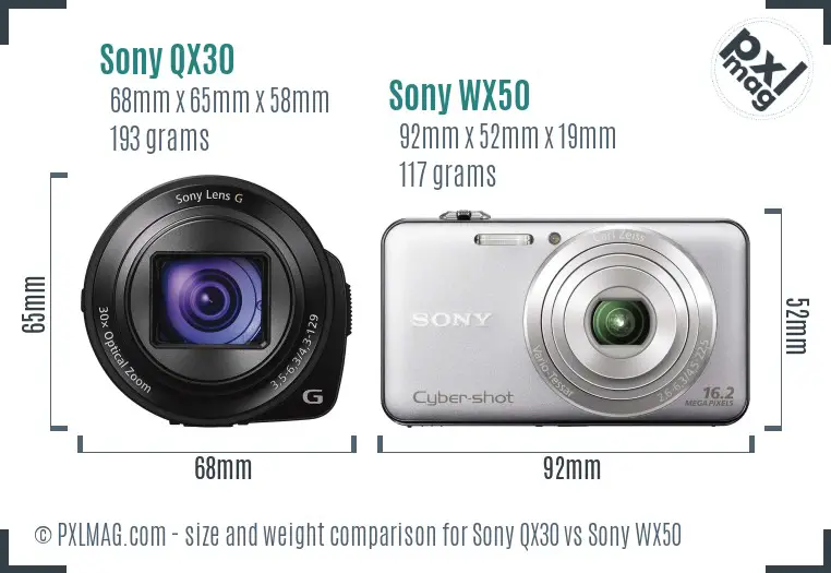 Sony QX30 vs Sony WX50 size comparison