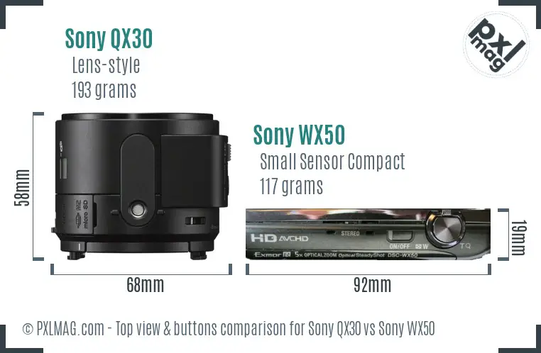 Sony QX30 vs Sony WX50 top view buttons comparison