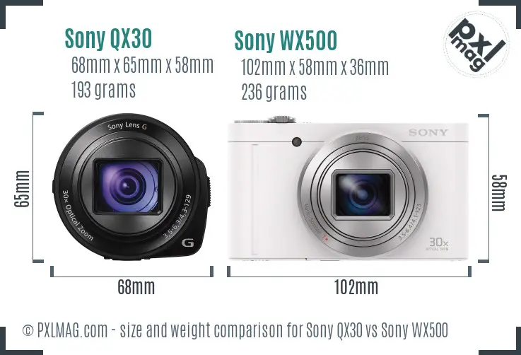 Sony QX30 vs Sony WX500 size comparison