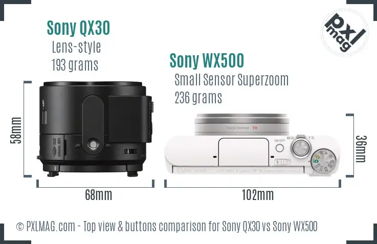 Sony QX30 vs Sony WX500 top view buttons comparison