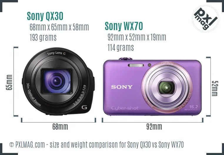 Sony QX30 vs Sony WX70 size comparison