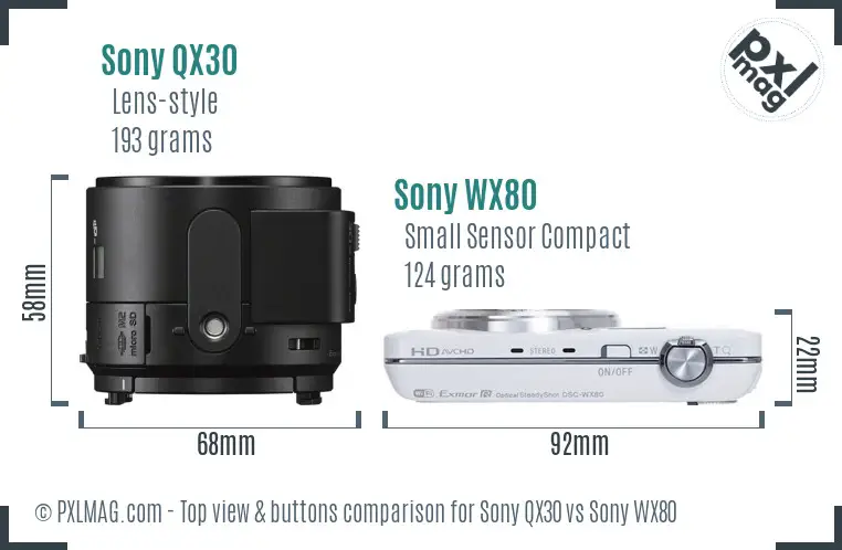 Sony QX30 vs Sony WX80 top view buttons comparison