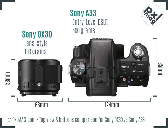 Sony QX30 vs Sony A33 top view buttons comparison