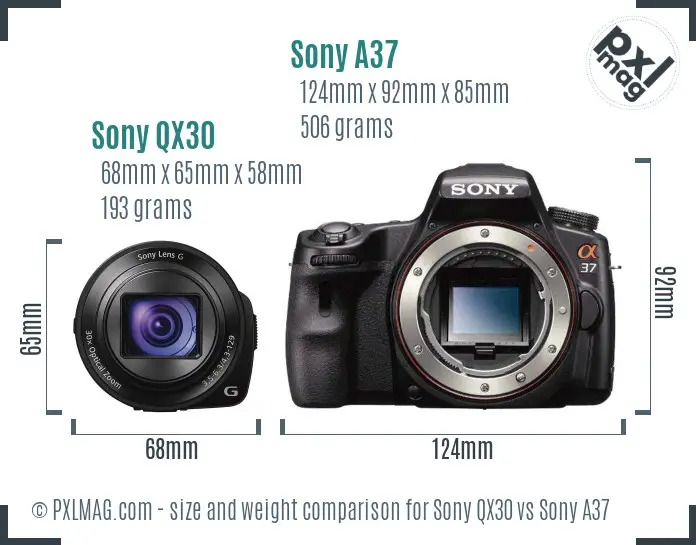 Sony QX30 vs Sony A37 size comparison