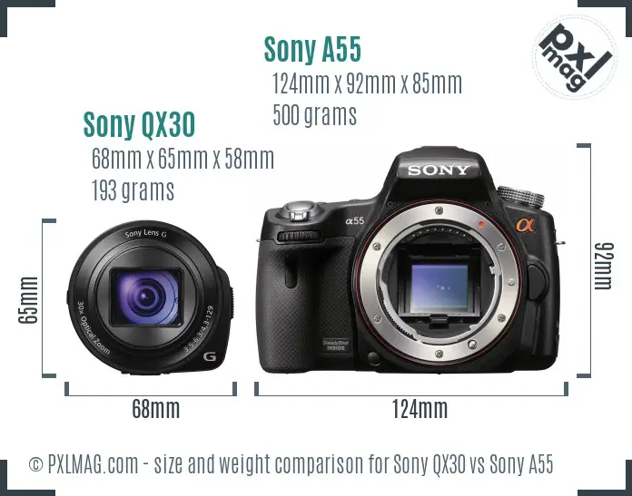 Sony QX30 vs Sony A55 size comparison