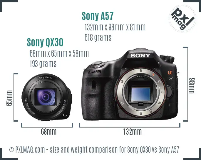 Sony QX30 vs Sony A57 size comparison