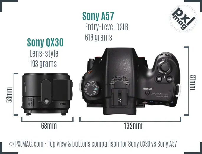 Sony QX30 vs Sony A57 top view buttons comparison