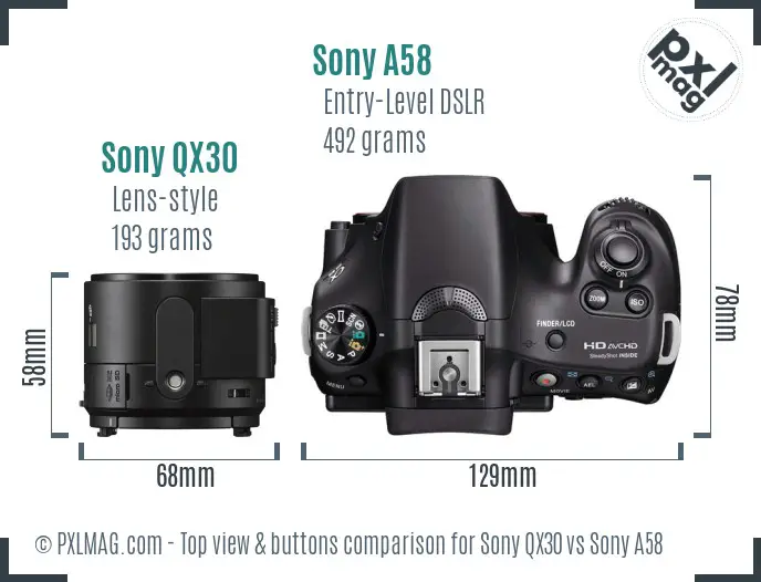 Sony QX30 vs Sony A58 top view buttons comparison
